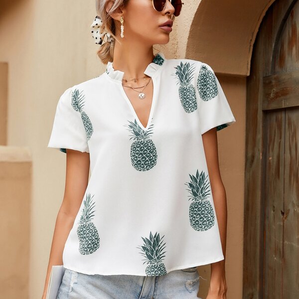 

Pineapple Print Frill Trim Blouse, White