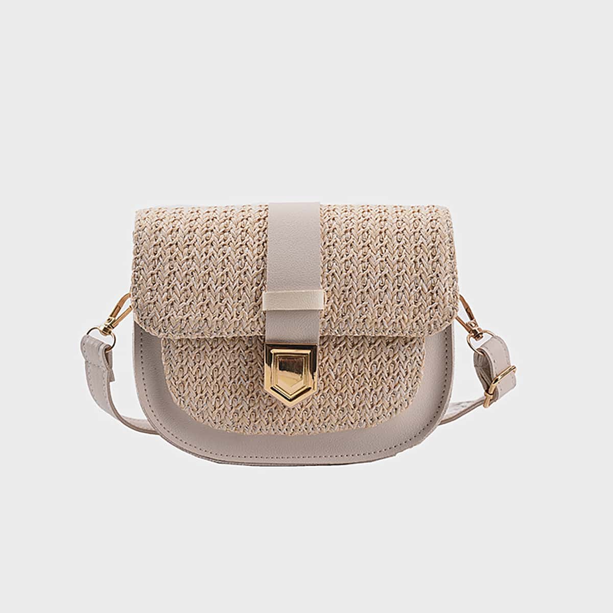 

Metal Lock Straw Crossbody Bag, Beige