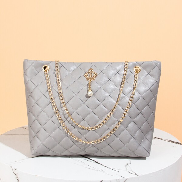 

Faux Pearl Charm Quilted Chain Tote Bag, Grey