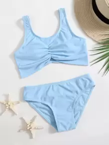 Conjunto de bikini fruncido para niña preadolescente para playa de verano - Azul - Ver 1