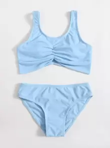 Conjunto de bikini fruncido para niña preadolescente para playa de verano - Azul - Ver 3
