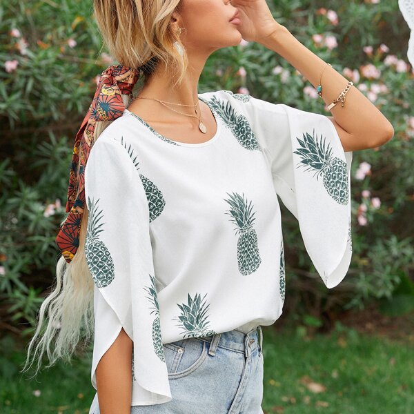 

Pineapple Print Petal Sleeve Blouse, White