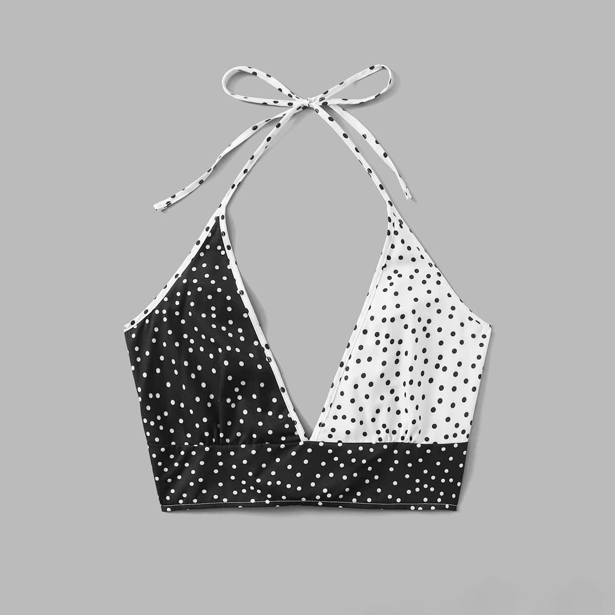 

Polka Dot Colorblock Crop Halter Top, Black and white