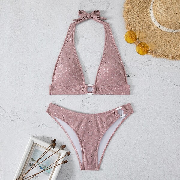 

Schiffy Ring Linked Halter Bikini Swimsuit, Dusty pink