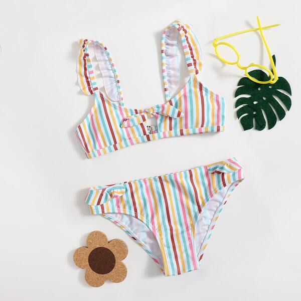 

Girls Striped Knot Ruffle Bikini Swimsuit, Multicolor
