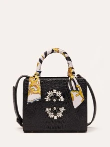 VANESSAMAY&DKMG Skinny Scarf & Rhinestone Decor Satchel Bag For Teen Girls Women College Students,Rookies & White-Collar Workers Perfect For Office,Work ,Business,Commute Best Work Bag For Womenhandbag,Crossbody Bag,Shoulder BagFashion,Casual,Old MoneyCrocodilePortable,With Adjustable StrapFor Girlgift Bag,Perfect For Office