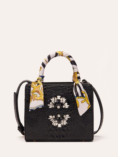 VANESSAMAY&DKMG Skinny Scarf & Rhinestone Decor Satchel Bag For Teen Girls Women College Students,Rookies & White-Collar Workers Perfect For Office,Work ,Business,Commute Best Work Bag For Womenhandbag,Crossbody Bag,Shoulder BagFashion,Casual,Old MoneyCrocodilePortable,With Adjustable StrapFor Girlgift Bag,Perfect For Office