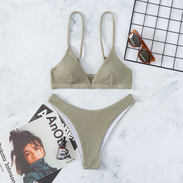 

Plain Textured Bikini Swimsuit, Army green