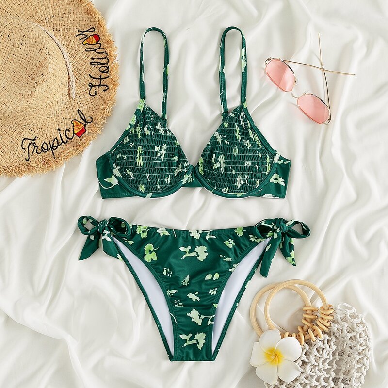 

Floral Smocked Underwire Bikini Swimsuit, Green