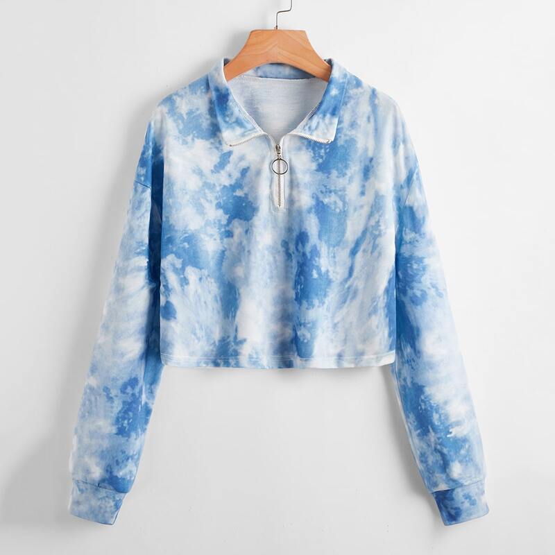 

Tie Dye Half Zip Crop Sweatshirt, Blue and white
