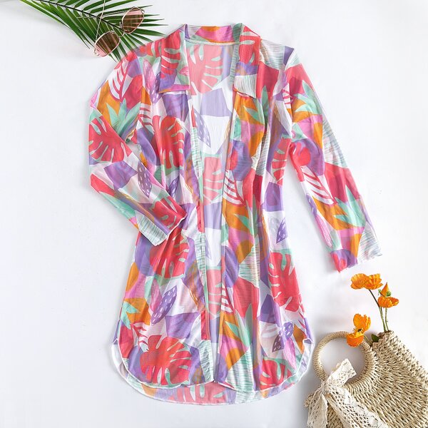 

Plant Print Open Front Kimono, Multicolor