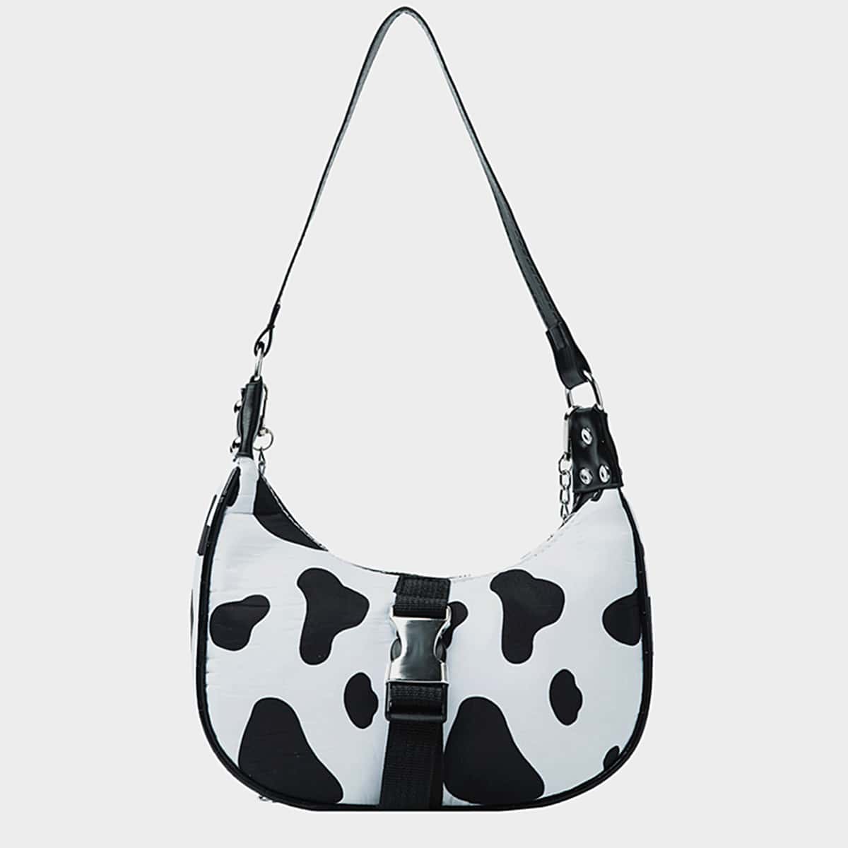 

Cow Print Shoulder Bag, Black and white