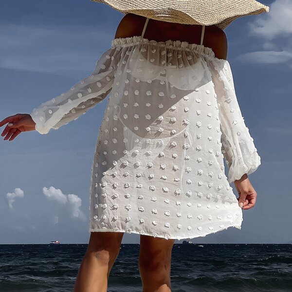 

Swiss Dot Frill Trim Cover Up, White