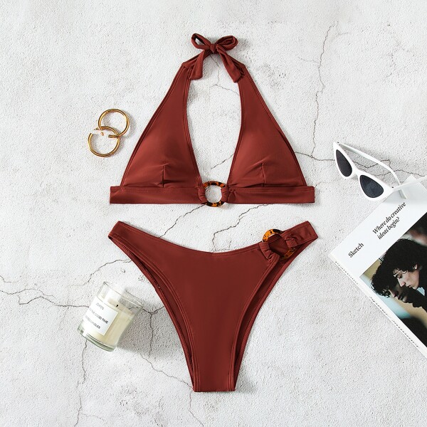 

Ring Linked Halter Bikini Swimsuit, Redwood
