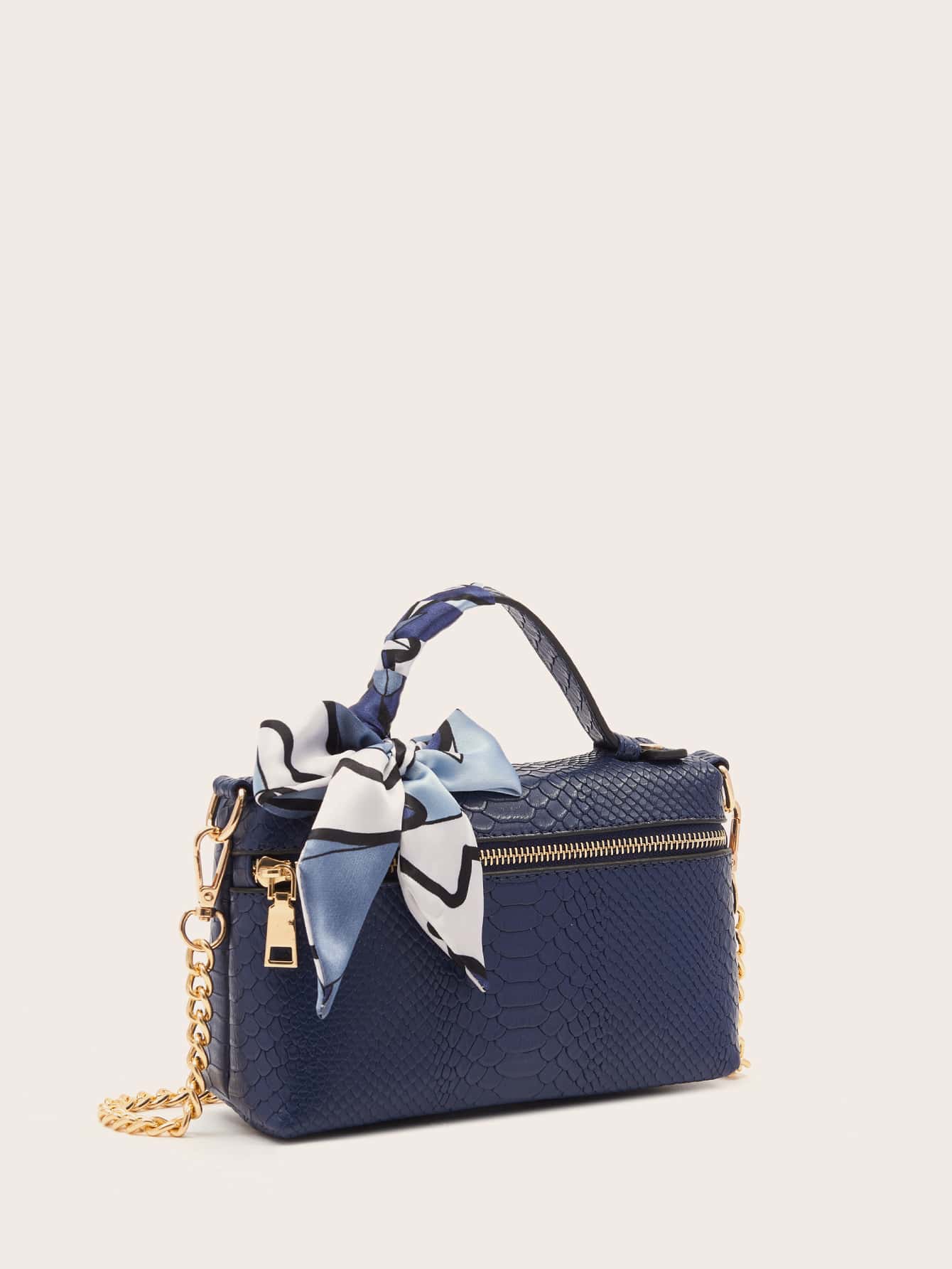 1 pieza Bolso de mano de unicolor con estampado de piel de serpiente, viene con un pañuelo, adecuado para uso diario, bolso de moda con lazo para mujer