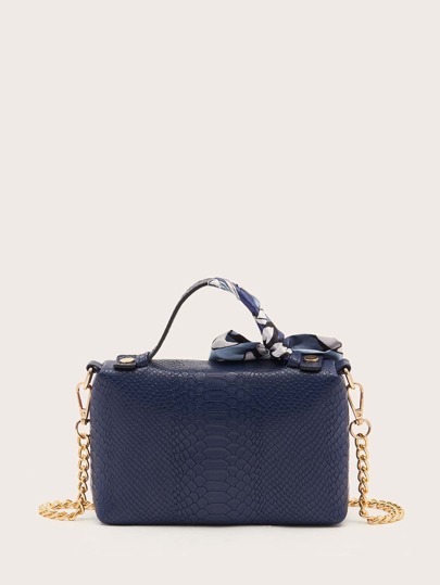 1 pieza Bolso de mano de unicolor con estampado de piel de serpiente, viene con un pañuelo, adecuado para uso diario, bolso de moda con lazo para mujer