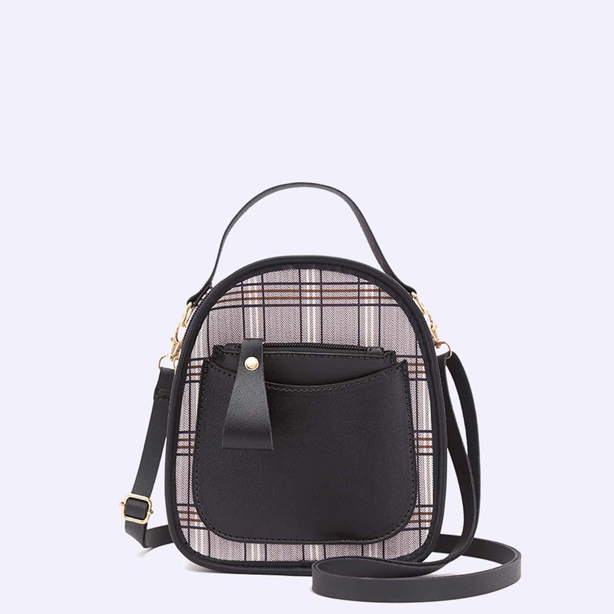 

Curved Top Plaid Backpack, Black