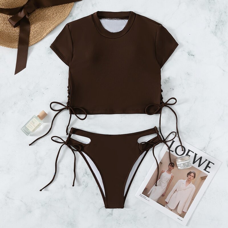 

Cut Out Tie Side Bikini Swimsuit, Coffee brown