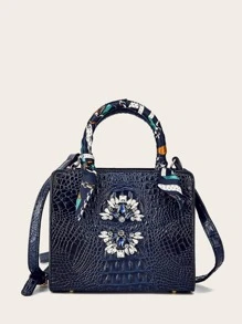 VANESSAMAY＆DKMG窄款圍巾和鑲有鑽石的手提袋，斜挎包，肩背包時尚，休閒，老實錢鱷魚，可攜帶，具有可調節肩帶，適合女孩，女人，新手和白領工人，送禮袋，非常適合辦公室，工作，商務和通勤使用 - 藏蓝色 - 查看 1