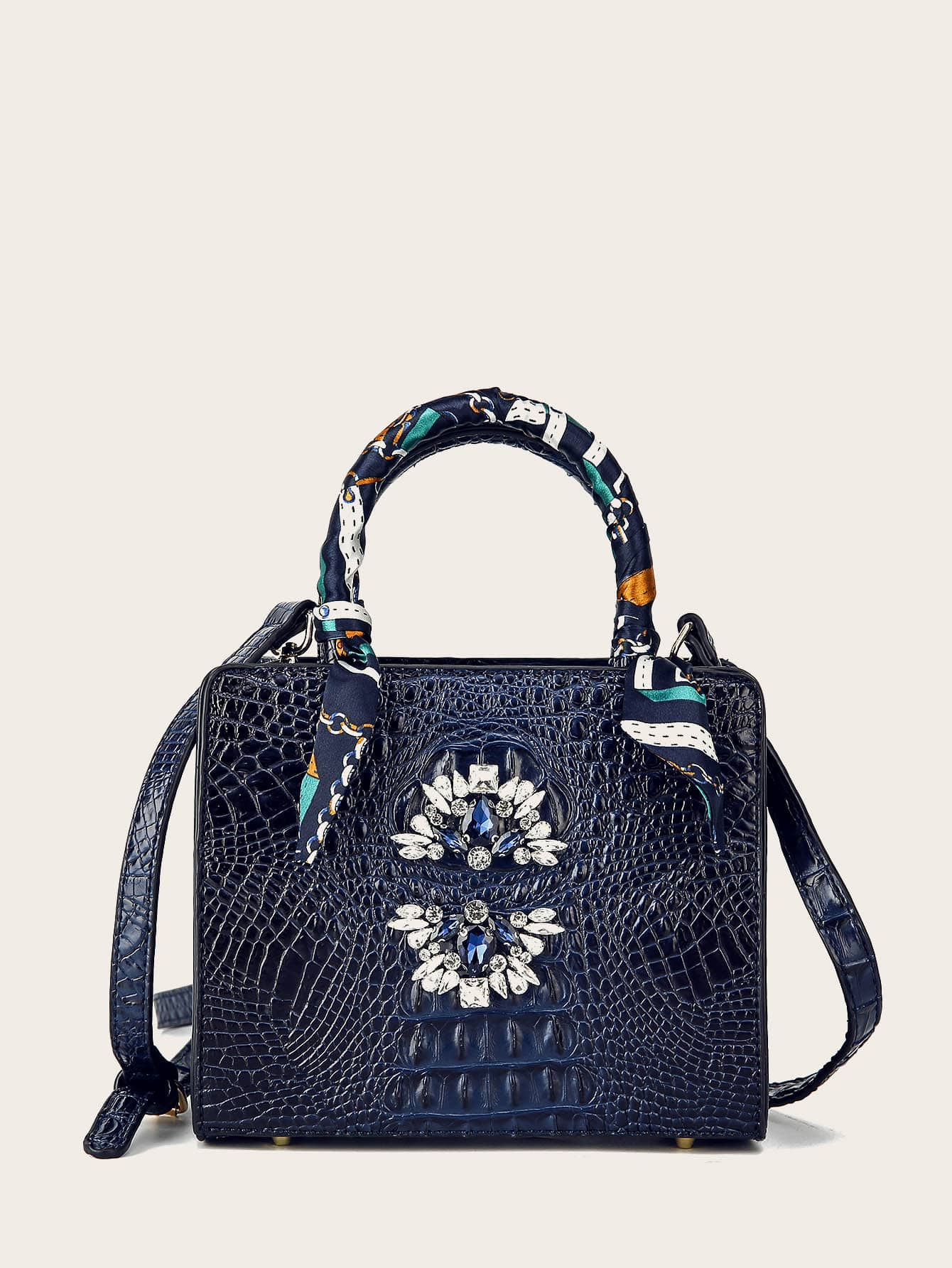 VANESSAMAY＆DKMG窄款圍巾和鑲有鑽石的手提袋，斜挎包，肩背包時尚，休閒，老實錢鱷魚，可攜帶，具有可調節肩帶，適合女孩，女人，新手和白領工人，送禮袋，非常適合辦公室，工作，商務和通勤使用 - 藏蓝色 - 查看 1