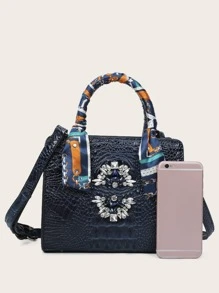 VANESSAMAY＆DKMG窄款圍巾和鑲有鑽石的手提袋，斜挎包，肩背包時尚，休閒，老實錢鱷魚，可攜帶，具有可調節肩帶，適合女孩，女人，新手和白領工人，送禮袋，非常適合辦公室，工作，商務和通勤使用 - 藏蓝色 - 查看 3