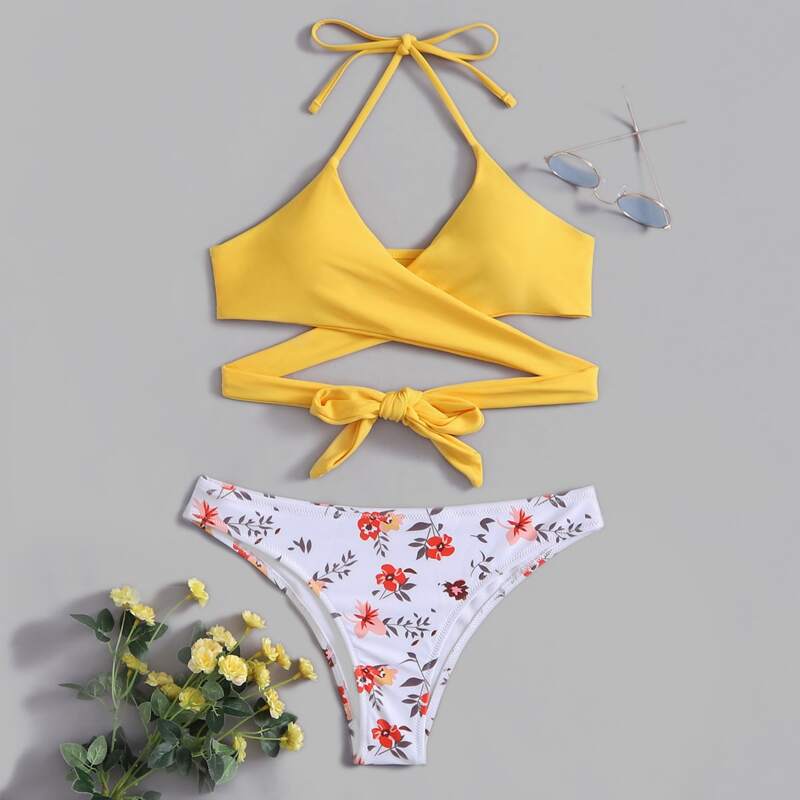 

Floral Pattern Bikini Swimsuit, Yellow