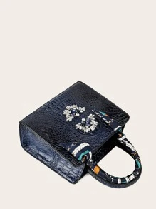 VANESSAMAY＆DKMG窄款圍巾和鑲有鑽石的手提袋，斜挎包，肩背包時尚，休閒，老實錢鱷魚，可攜帶，具有可調節肩帶，適合女孩，女人，新手和白領工人，送禮袋，非常適合辦公室，工作，商務和通勤使用 - 藏蓝色 - 查看 4