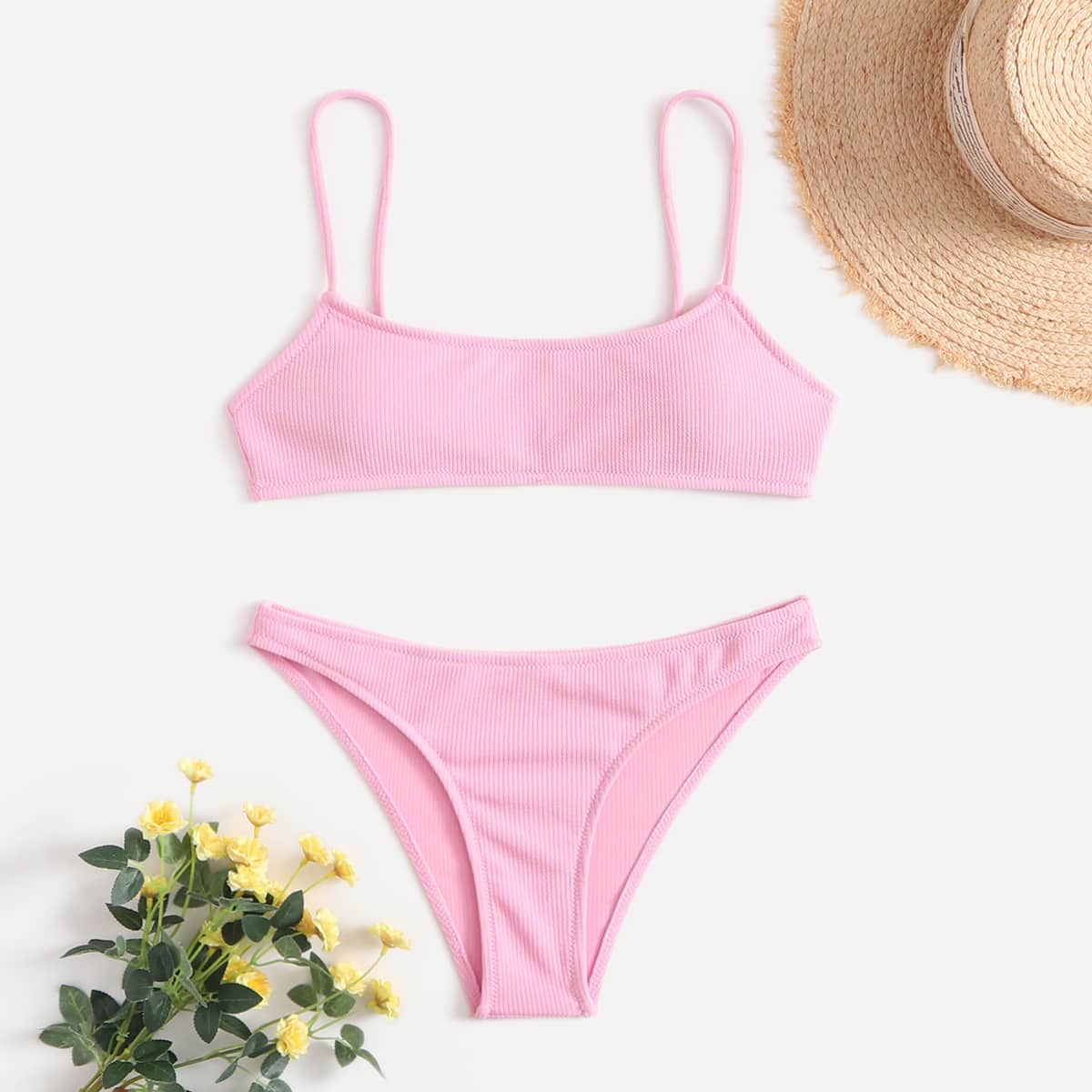 

Solid Rib Bikini Swimsuit, Pink