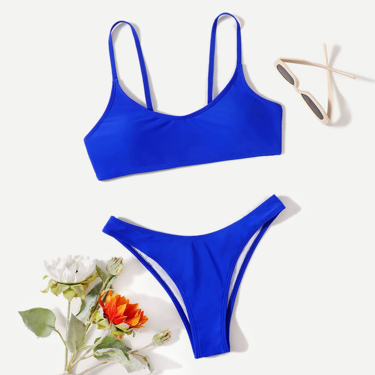 

Solid High Cut Bikini Swimsuit, Blue