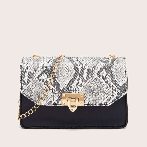 

Snakeskin Print Flap Chain Bag, Black