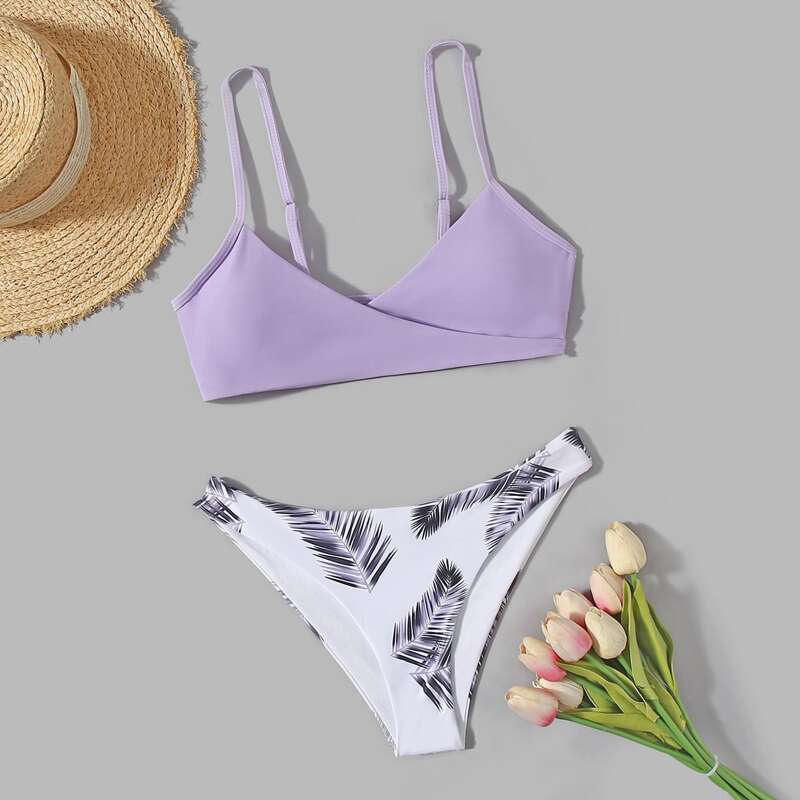 

Leaf Pattern Bikini Swimsuit, Mauve purple