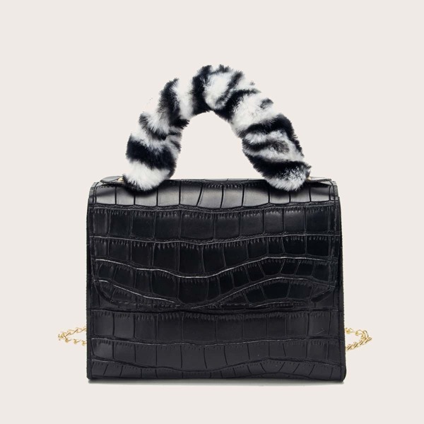

Fluffy Handle Croc Embossed Satchel Bag, Black