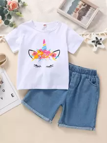 Bộ thời trang bé gái Túi Hoạt hình Giải trí - Xanh và trắng - Xem 1