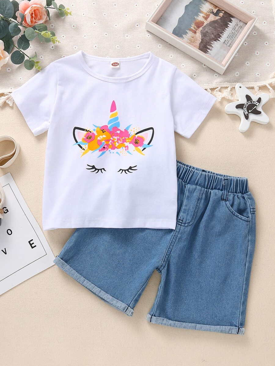 Bộ thời trang bé gái Túi Hoạt hình Giải trí - Xanh và trắng - Xem 1