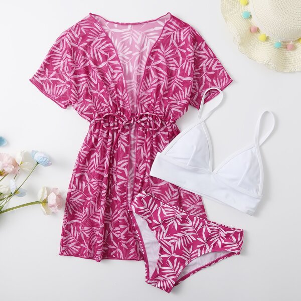 

3pack Girls Leaf Print Bikini Swimsuit & Bikini, Pink