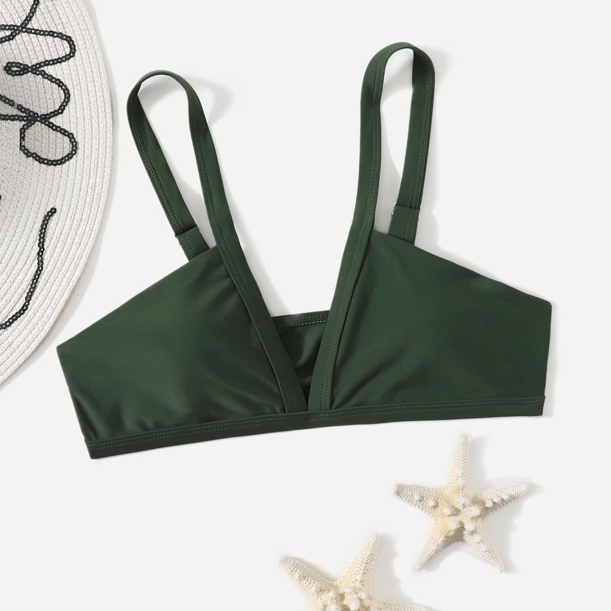 

Solid V Necklace Bikini Top, Army green