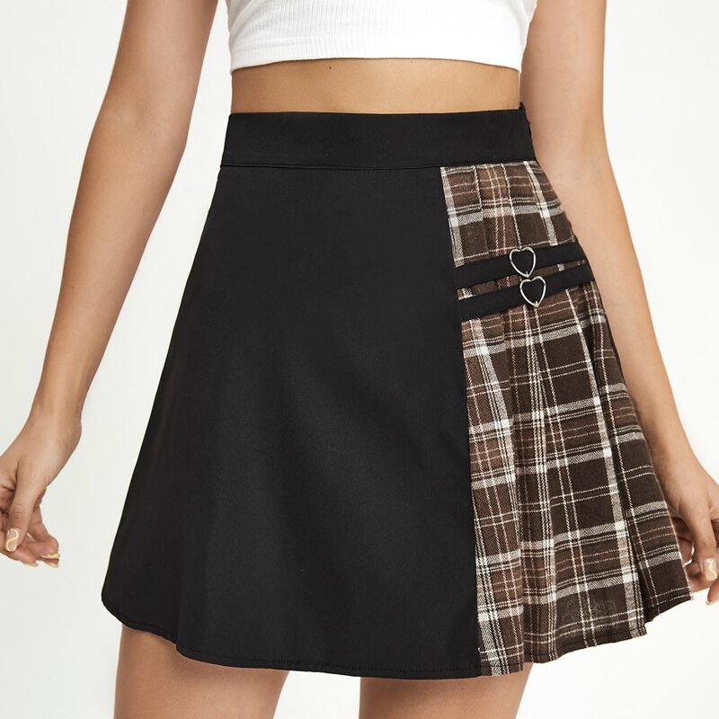 

Contrast Plaid Pleated Skirt, Multicolor