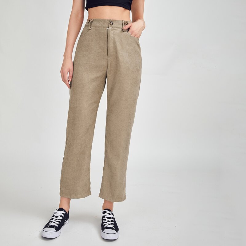 

Solid Button Fly Pants, Khaki
