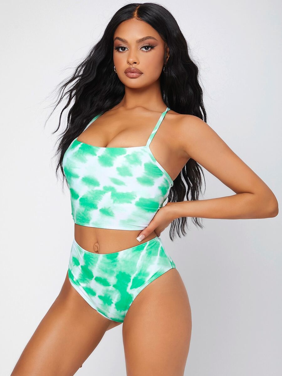 Tie Dye High Waisted Bikini Summer Beach - Green - View 1