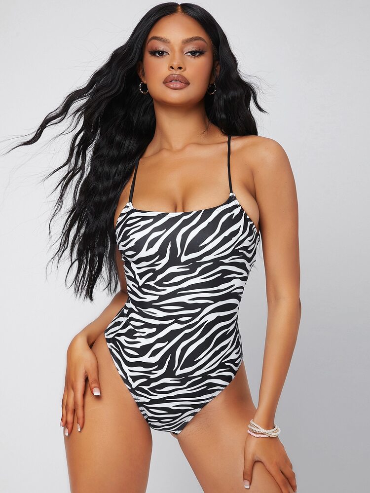 斑马条纹连体泳衣，适合夏季海滩度假 - 黑與白 - 查看 3