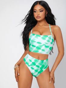 Tie Dye High Waisted Bikini Summer Beach - Green - View 3