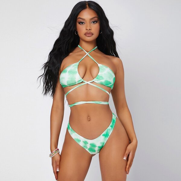 

Tie Dye Crisscross Halter Bikini Swimsuit, Green