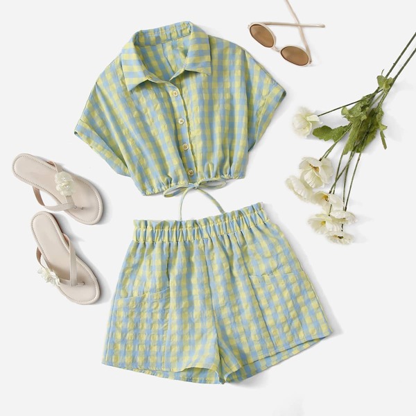 

Girls Gingham Drawstring Hem Blouse & Shorts Set, Multicolor