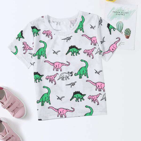 

Toddler Girls Cartoon Dinosaur Print Tee, White