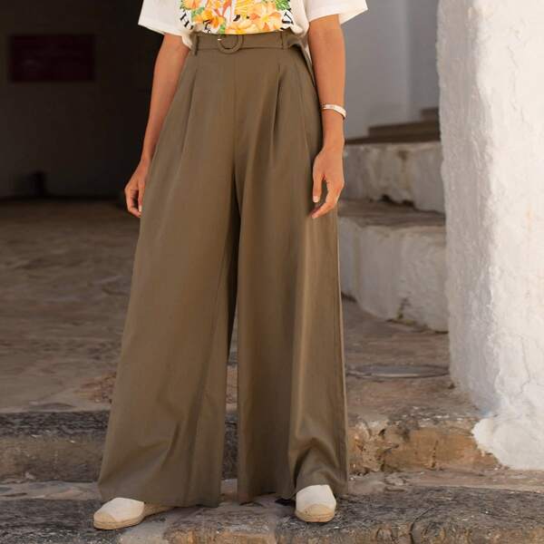 

O-ring Belted Wide Leg Pants, Mocha brown