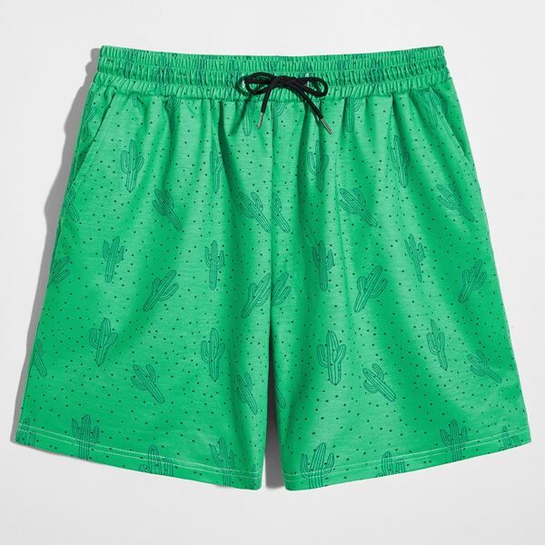 

Men Cactus Print Drawstring Waist Shorts, Green