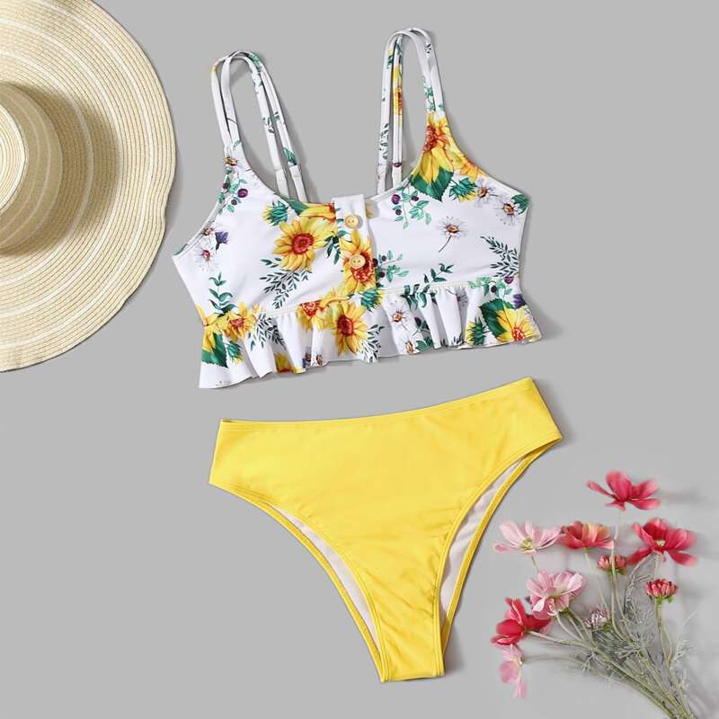 

Floral Pattern Bikini Swimsuit, Yellow