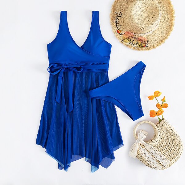 

Contrast Mesh Swim Dress With Panty, Royal blue