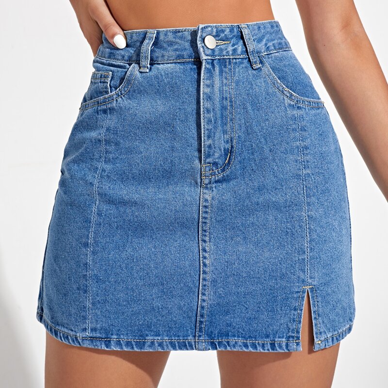

Split Hem Slant Pocket Denim Skirt, Medium wash