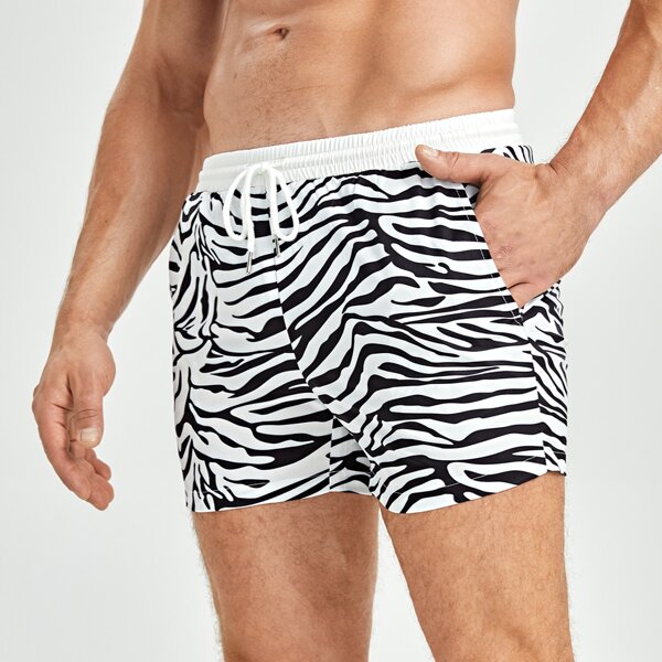 

Men Zebra Striped Drawstring Swim Trunks, Black and white